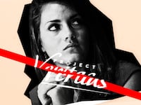 A photo illustration showing Hannah Giles, the CEO of Project Veritas, behind a fractured Project Veritas logo.