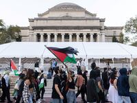 Pro-Palestinian students take part in a protest in support of the Palestinians amid the ongoing conflict in Gaza, at Columbia University