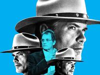 A photo illustration of Justified showrunner Michael Dinner amongst pictures of Timothy Olyphant as Raylan Givens