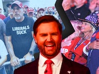 Photo illustration of JD Vance surrounded by MAGA supporters