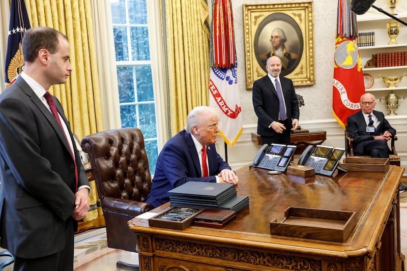 WASHINGTON, DC - FEBRUARY 03: U.S. President Donald Trump speaks to reporters in the Oval Office of the White House on February 03, 2025 in Washington, DC. After signing a series of executive orders and proclamations, Trump spoke to reporters about a range of topics including recent negotiations with Mexico on tariffs. Trump was joined in the Oval Office by (L-R) White House staff secretary Will Scharf, Howard Lutnick, his nominee for Commerce Secretary, and Former Executive Chairman of Fox Corp Rupert Murdoch. (Photo by Anna Moneymaker/Getty Images)