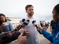 Sen. J.D. Vance speaks with media at the airport before he departs Greenville, North Carolina.