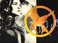 A photo illustration of Jennifer Lawrence as Katniss Everdeen in The Hunger Games with an illustration of the mockingjay symbol with music notes coming out of it