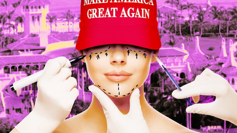 A photo illustration of a woman wearing a MAGA hat getting plastic surgery marks in front of Mar-A-Lago.