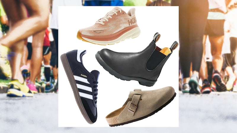A photo illo illustration of walking shoes and people walking in the background.