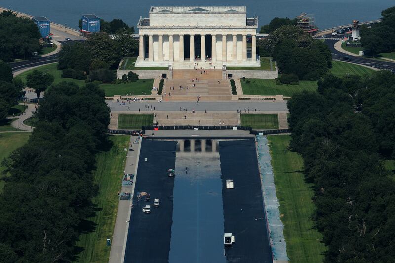 The Lincoln memorial Reflecting Pool is partially filled with water on June 05, 2026 in Washington, DC. Trump traveled to Wisconsin the same day where he bragged about the renovations while showing small printed pictures at his event.
