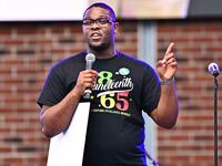 Former Stockbridge Mayor Jayden Williams speaks onstage during this past Juneteenth at The Bridge in Stockbridge, Georgia.