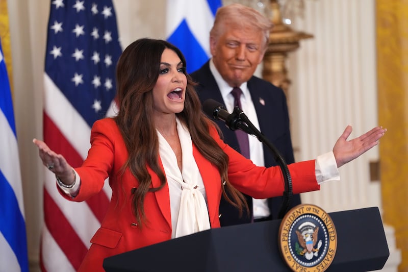 WASHINGTON, DC - MARCH 24: Kimberly Guilfoyle, President Trump's nominee to be the U.S. ambassador to Greece, speaks alongside U.S. President Donald Trump during a Greek Independence Day celebration at the White House on March 24, 2025 in Washington, DC. Trump recognized Greek members of his staff and cabinet and thanked "Greeks For Trump" while recognizing Greek Independence Day. (Photo by Win McNamee/Getty Images)
