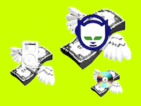 A gif of the Napster logo, an iPod, and a CD on the back of flying money