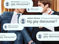 A gif featuring the stars of Red, White, & Royal Blue with fake gay tweets layered over them.