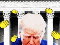 Donald Trump looking down in front of the Supreme Court building with clapping emojis around him