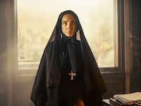 A photo including a still from the film Cabrini