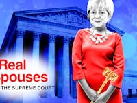 A photo illustration of a Martha-Ann Alito holding a glittering gavel with the phrase ‘The Real Spouses of the Supreme Court’ in front of her