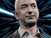 gif of amazon dot com ceo jeff bezos looking into distance in black and white with blue and white electric sparks behind him blue origin colonize moon lunar lander space