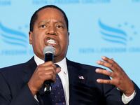 Larry Elder speaks at the Iowa Faith & Freedom Coalition Spring Kick-off in West Des Moines, Iowa, April 22, 2023.