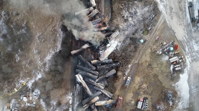 Drone footage shows the freight train derailment in East Palestine, Ohio, U.S., February 6, 2023 in this screengrab obtained from a handout video released by the NTSB.