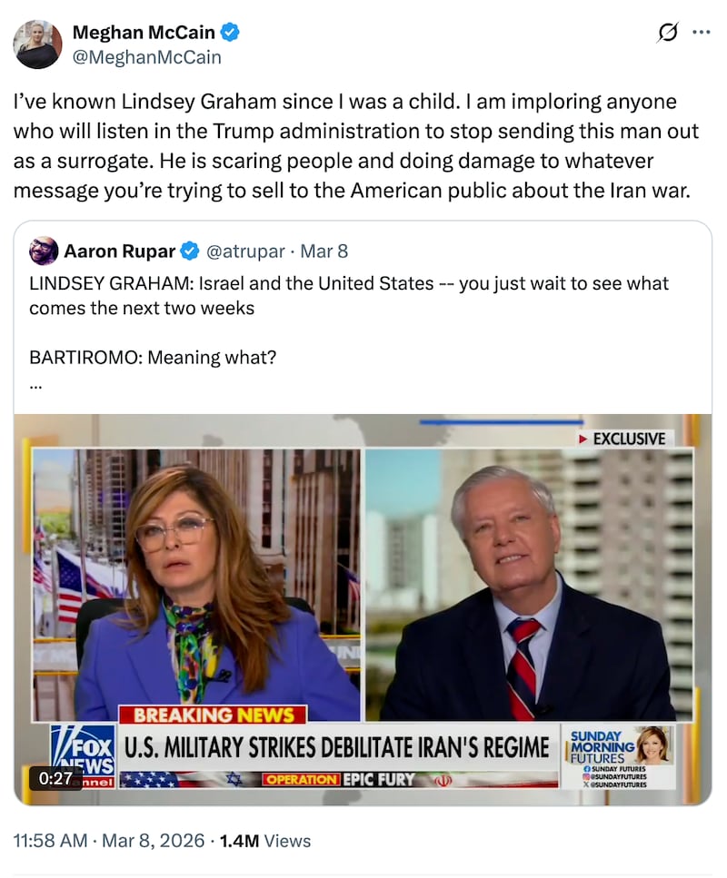 Meghan McCain is among the conservatives fed up with Sen. Lindsey Graham’s warmongering.