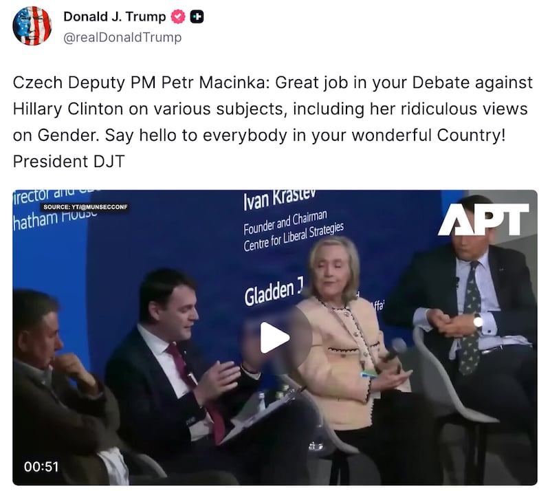 Donald Trump Truth Social post about Petr Macinka