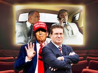 A photo illustration of Donald Trump, Dan Snyder, and The Apprentice film in a movie theater.