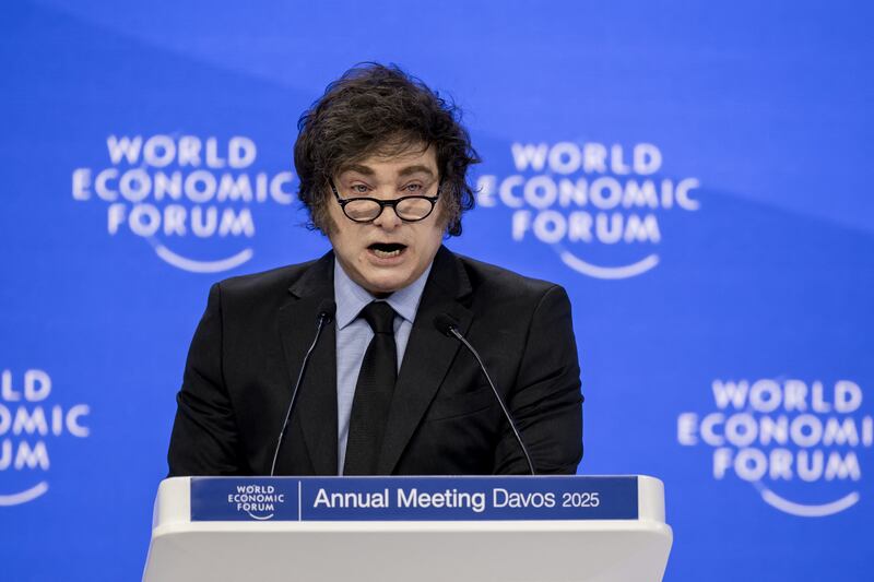 Argentina's President Javier Milei addresses the audience during the World Economic Forum (WEF) annual meeting in Davos on January 23, 2025.