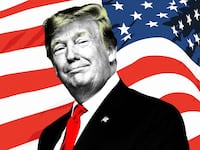 An illustration that includes a photo of Former United States President Donald Trump and the American Flag