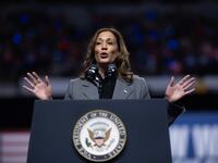 Harris speaks at a rally in Wisconsin.