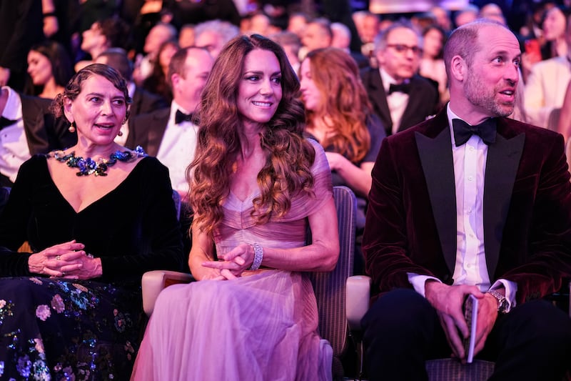 Donna Langley, Princess Kate, and Prince William at the 2026 EE BAFTA Film Awards at The Royal Festival Hall in London, England.