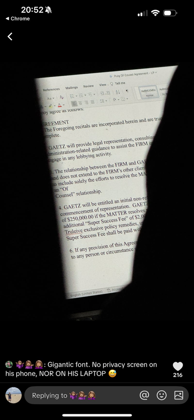 Glimpse of contract on Matt Gaetz's laptop.