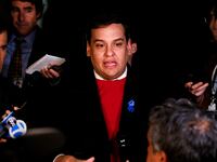 Rep. George Santos (R-NY) speaks to members of the media after his congressional colleagues voted not to expel him from the House, after he was indicted on 23 federal corruption charges, on Capitol Hill in Washington, U.S. November 1, 2023.