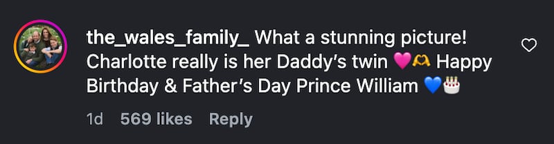 Comments recognize Prince William and Princess Charlotte’s lookalike appearances on an Instagram post for Father’s Day and William’s Birthday.