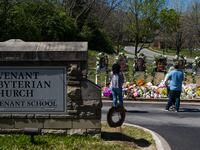 A memorial at the entrance of The Covenant School in Nashville, Tennessee.
