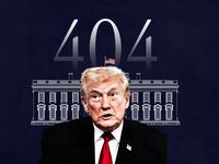 Donald Trump in front of The White House 404 error page.