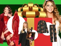 Alt: A photo illustration of Julia Fox, Taylor Swift, and Mariah Carey surrounded by gifts from their gift guides.
