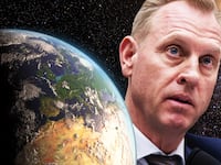 illustration of earth on left side and acting defense secretary patrick shanahan on right side with black space littered with stars background behind them space force donald trump wilbur ross 3 trillion economic economy war