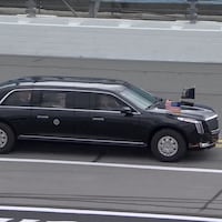 A presidential limousine rides on the track of the Daytona 500 in Daytona Beach, Florida on February 16, 2025.
