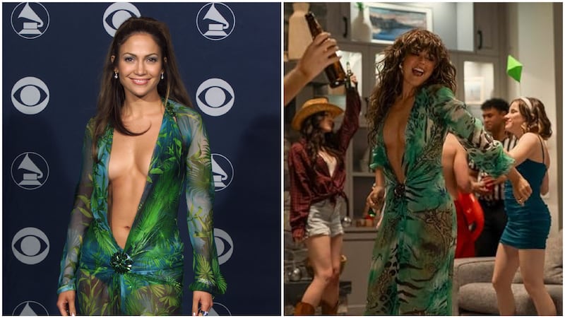 The character Allie from “Off Campus” dances to “On The Floor” while wearing a costume referencing Jennifer Lopez’s 2000s Grammy Awards look.