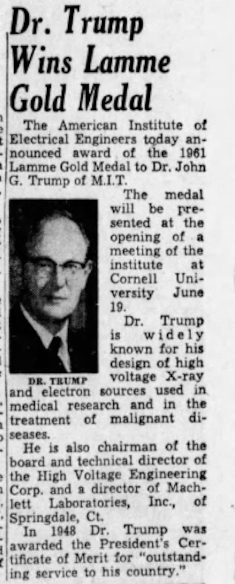 A newspaper clipping headlined Dr. Trump Wins Lamme Gold Medal