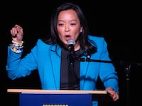 MADISON, WISCONSIN - AUGUST 11: Wisconsin Democratic gubernatorial candidate Francesca Hong speaks to supporters during an election-night party on August 11, 2026 in Madison, Wisconsin. Recent polling had Hong with a substantial lead over her nearest Democratic rival David Crowley, but returns have shown a tight race throughout the evening with the two candidates trading slight leads. (Photo by Scott Olson/Getty Images)