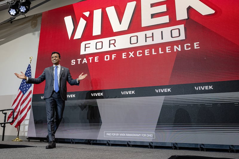 CINCINNATI, OHIO - FEBRUARY 24: Vivek Ramaswamy steps on stage at CTL Aerospace on February 24, 2025 in Cincinnati, Ohio. Ramaswamy launched his Ohio gubernatorial campaign during the event. (Photo by Jon Cherry/Getty Images)