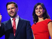 A photo illustration of US Senator from Ohio and 2024 Republican vice presidential candidate J.D. Vance and his wife Usha Vance.