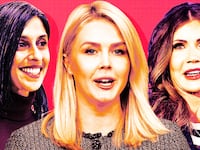 A photo illustration of Usha Vance, Kristi Noem, and Karoline Leavitt.