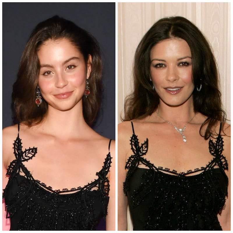 Carys Zeta Douglas in 2025 and Catherine Zeta-Jones in 2005 wearing the same strappy little black dress.