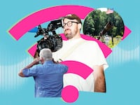 A photo illustration with a wifi symbol showing John Wilson and two stills from How to With John Wilson of a man covering his ears and a rural setting.