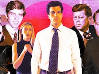 A photo illustration of Sarah Pidgeon as Carolyn Bessette, Paul Anthony Kennedy as JFK Jr, JFK, RFK, Michael Kennedy and Kathleen "Kick" Kennedy.