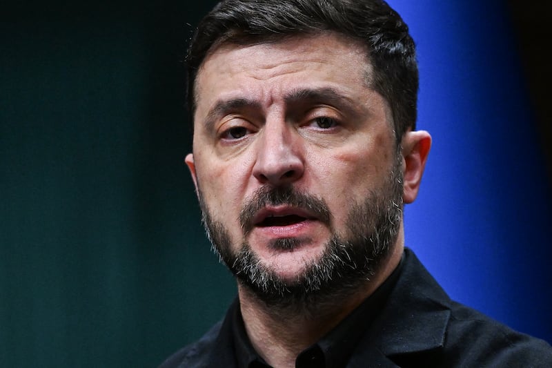 Ukraine's President Volodymyr Zelensky attends a joint press conference with Turkey's President following their meeting at the Presidential Complex in Ankara on November 19, 2025.