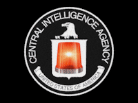 CIA crest logo in black and white with a red rotating light alarm in the center