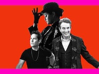 Photo illustration of Selena Gomez, Paul Rudd, and Martin Short from Only Murders in the Building season 2 collaged on a red and pink background.