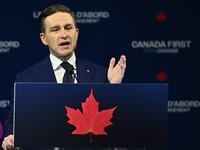 Pierre Poilievre speaks to his supporters after losing the Canadian Federal Election on April 29, 2025.