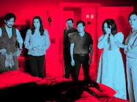 An image of Zach Woods, John Cho, Zoë Chao, Paul Walter Hauser, Ken Jeong, Poppy Liu and Vivian Wu in a scene from "The Afterparty," on Apple TV+.