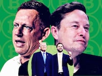 Photo illustration of Elon Musk, Peter Thiel with Donald Trump and J.D. Vance in the foreground